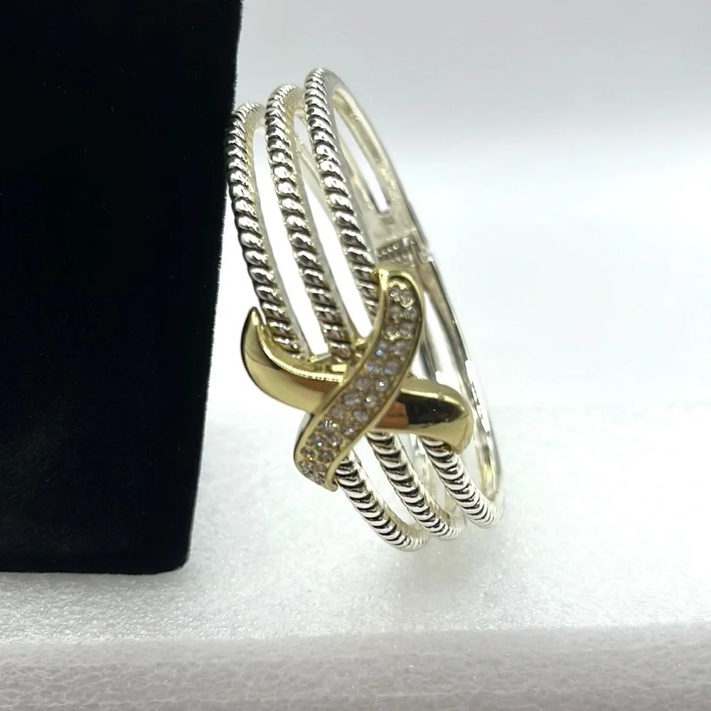 Rope Bracelet Love Crossover Silver Tone Cable Hinged Rhinestone Bangle Chunky
